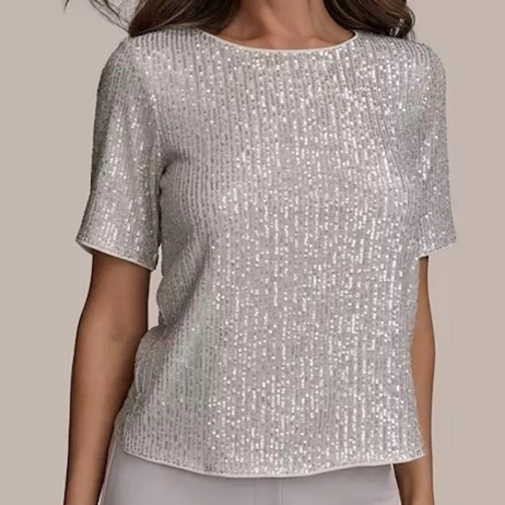 Donna Karan New York Sequin Short Sleeve Crewneck Champagne Shirt Womens XS NWT
